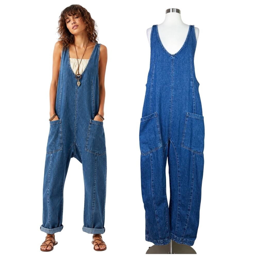 Free People | We The Free Hot Shot Blue Jean Denim Jumpsuit Overalls Large L